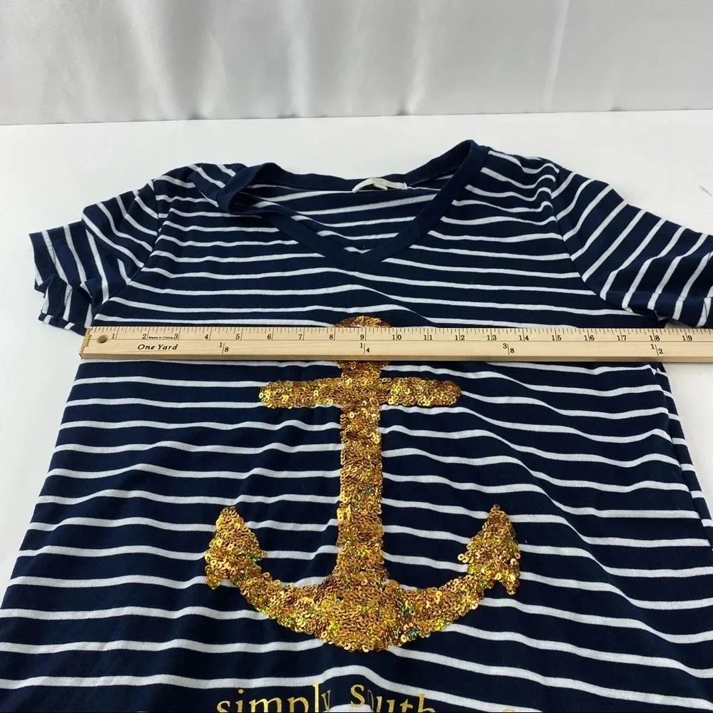 Simply Southern Women's Large Navy Striped Gold Anchor T-Shirt Short Sleeve - Picture 3 of 6
